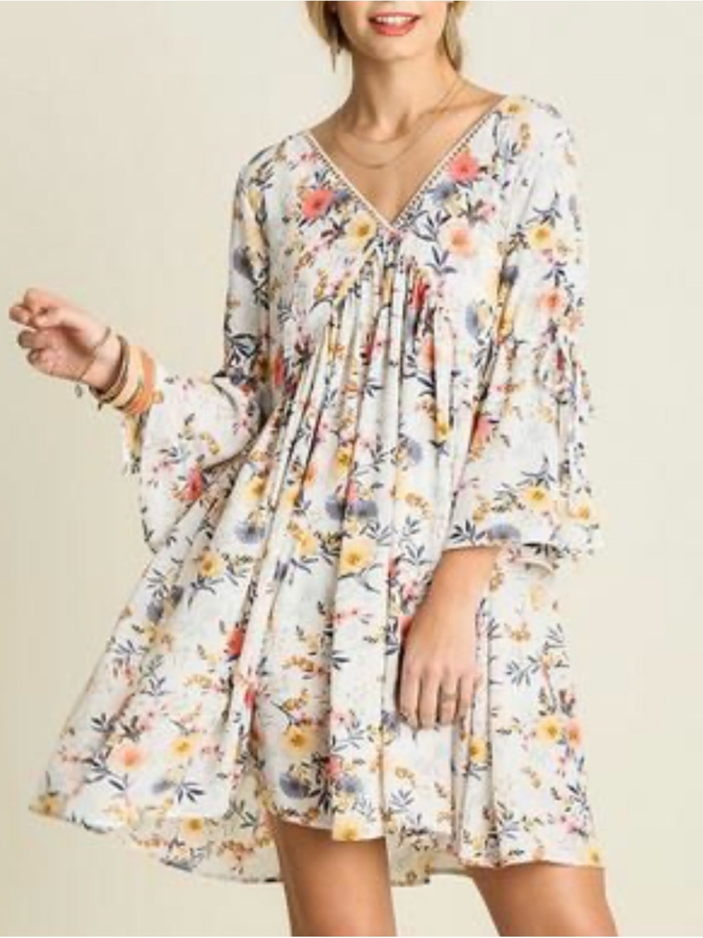 Umgee Boho Wildflower Bell Sleeve Tunic Dress White Floral Crochet Trim Size M